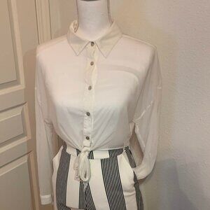 Line & Dot White Long Sleeve Button-Up Tie Front Blouse For Women Size S Lightwe
